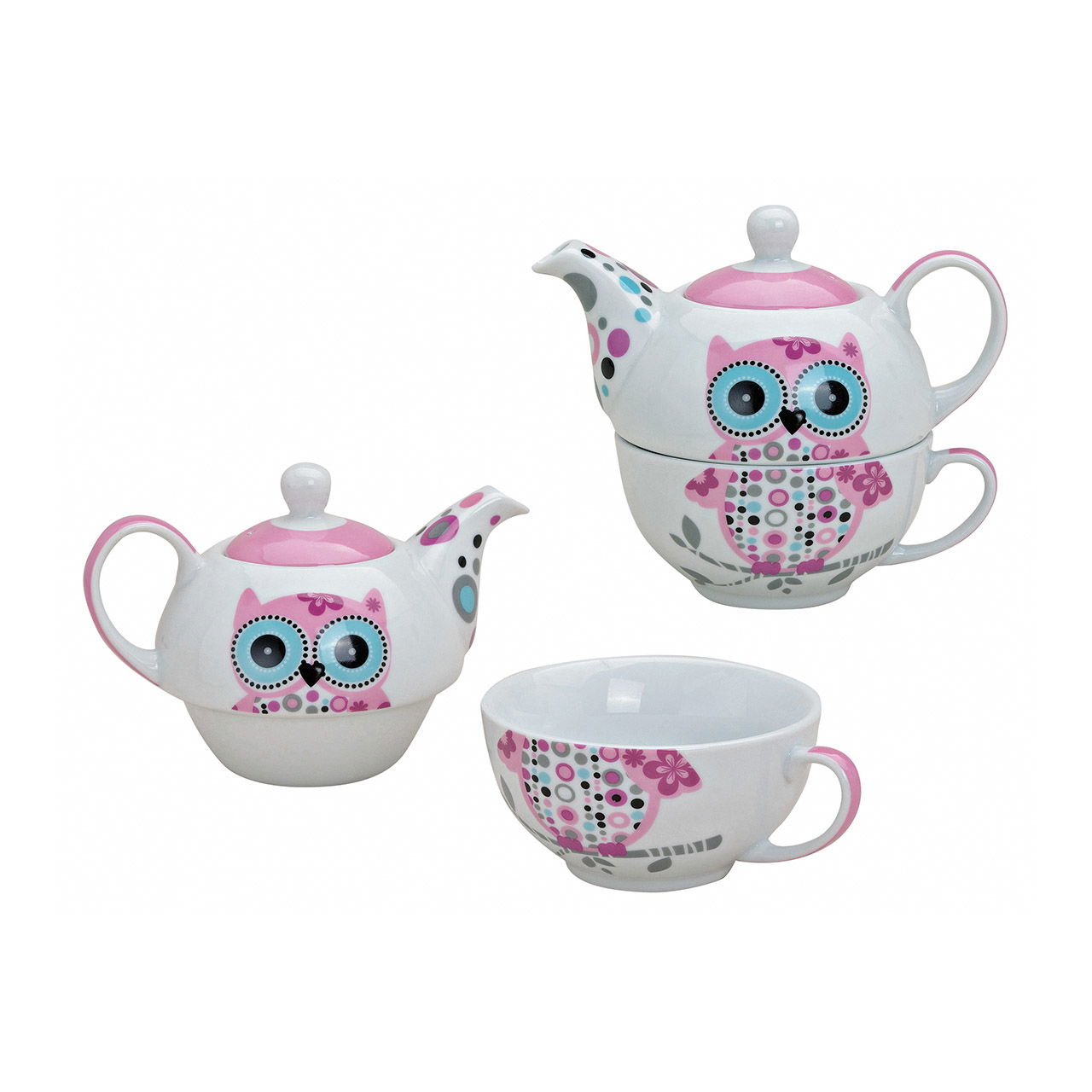 Theepot set met uilen+decoratie, porselein, 2 stuks