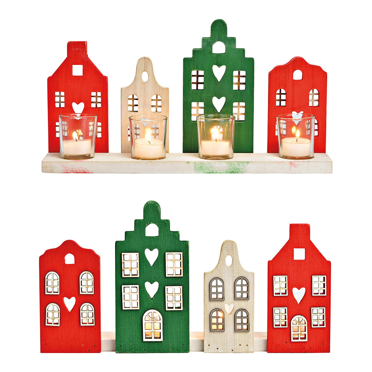 Townhouse lantaarn voor 4 theelichtjes gemaakt van hout, glas groen, rood (B/H/D) 37x20x8cm