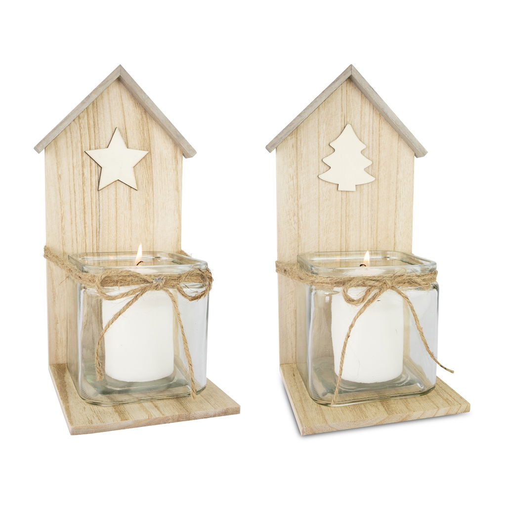 Casa con lanterna quadrata 2 motivi assortiti. abete e stella, legno, 15x15x32cm vetro 11,5x11,5x12cm, 1 pz, naturale-chiaro Krug