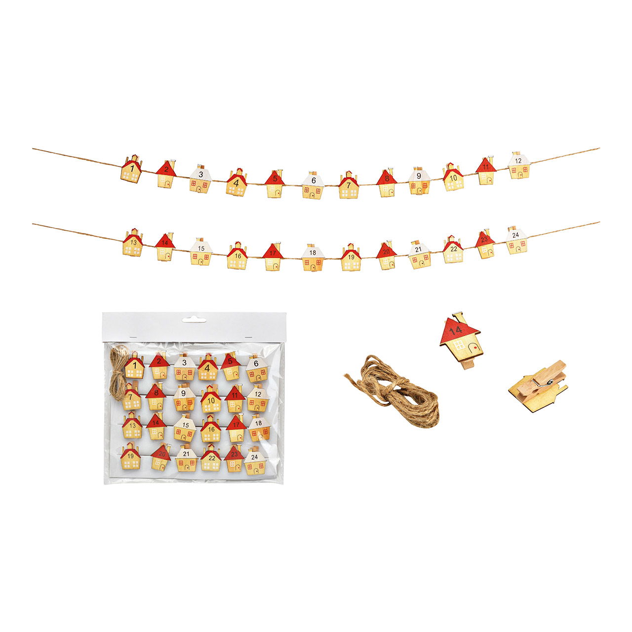 Adventskalender, klemset, huis 24-delige set, gemaakt van kleurrijk hout (B/H/D) 3x3x1cm Adventskalender, klemset, huis 24-delige set, gemaakt van kleurrijk hout (B/H/D) 3x3x1cm