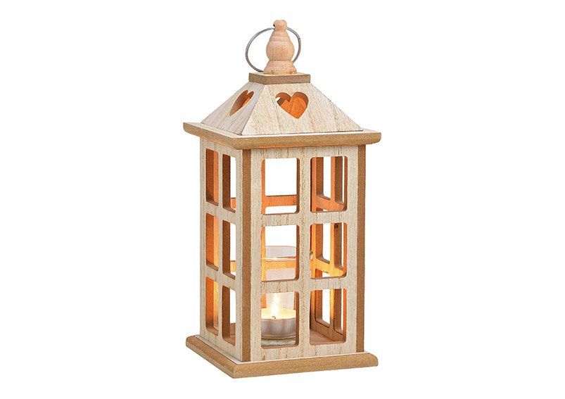 Lantern, wooden tea light holder, natural glass (w/h/d) 11x25x11cm
