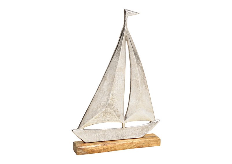 Aufsteller Segelboot auf Mangoholz Sockel aus Metall Silber (B/H/T) 27x40x5cm
