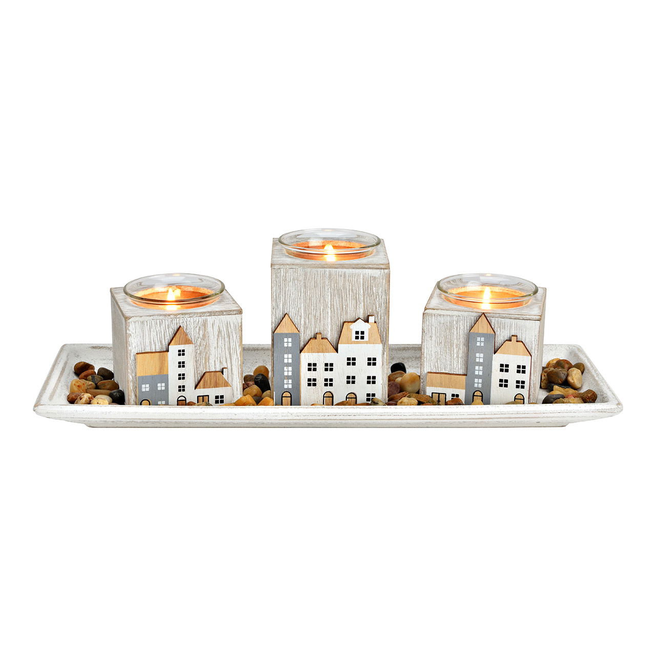 Portacandele, set di 3 case di città, con 120 g di pietre decorative in legno/vetro, bianco/grigio (L/H/D) 34x11x13cm