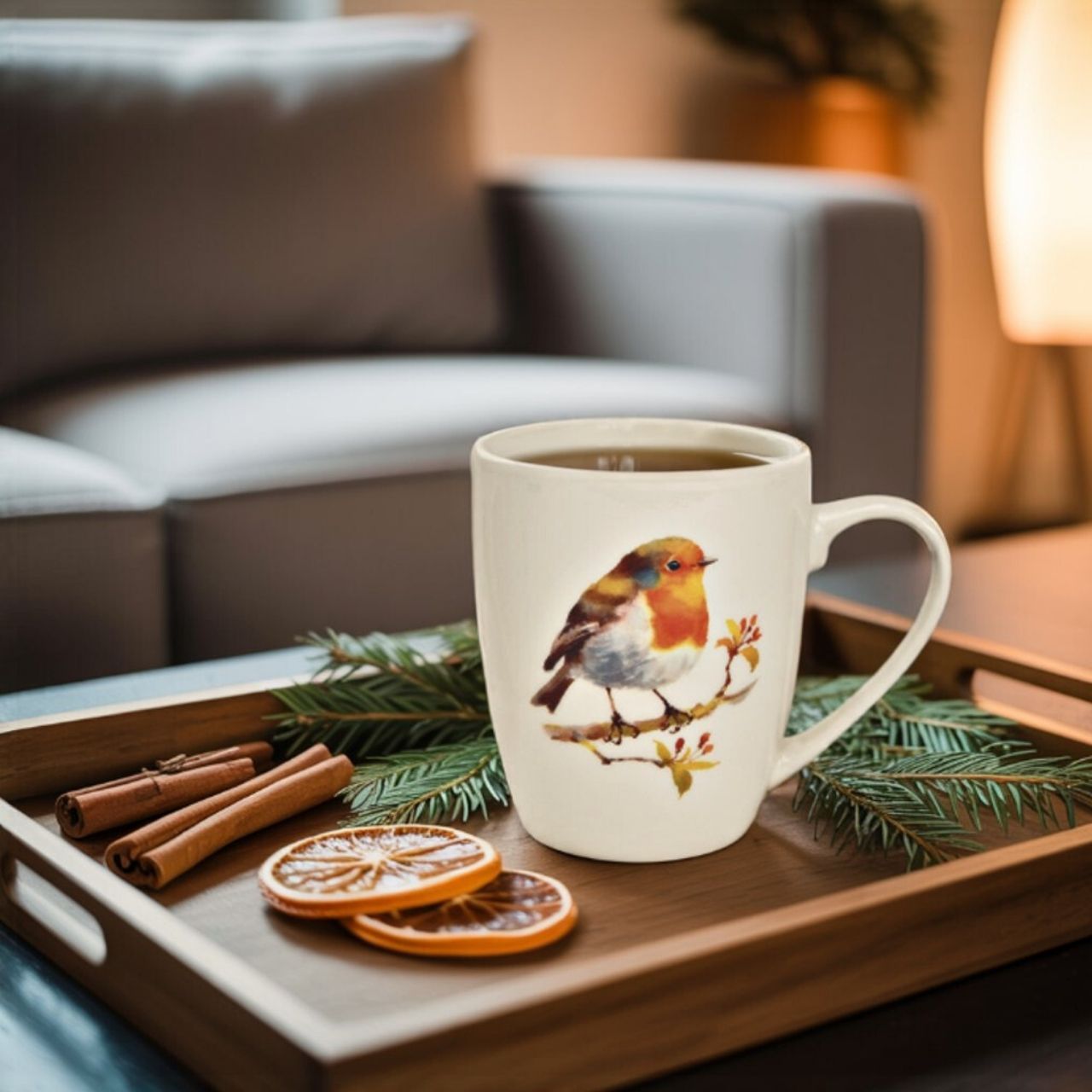 Mug bird decor made of porcelain white (W/H/D) 12x10x8cm 350ml Pokal, Porzellan, Töpferei, Tier, Vogel