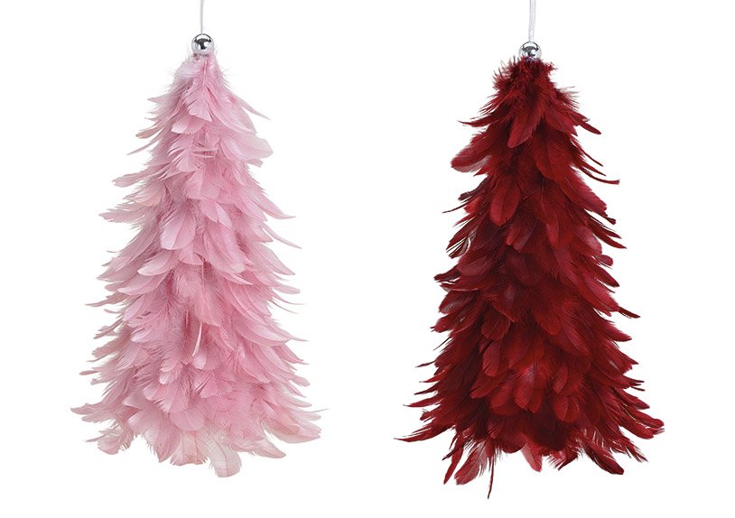 Hanger christmas tree feather, plastic bordeaux, pink, 2-asst. 15x30x15cm