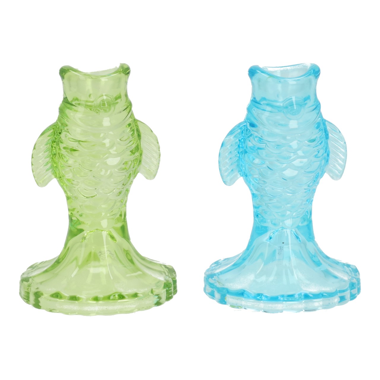 Kerzenhalter Fisch aus Glas Grün;Blau 2-fach sortiert (B/H/T) 8x12x8cm Fischform-Becher, Glasfigur, Transparent, Grün, Blau