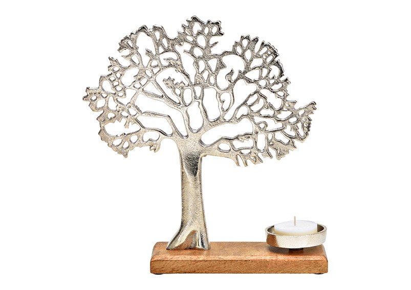 Bougeoir Arbre, sur socle en bois de manguier, en métal argenté (L/H/P) 31x33x8cm