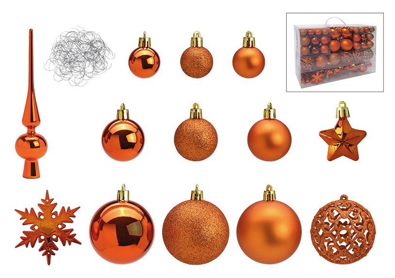 Juego de bolas de Navidad de plástico cobre 111 piezas, (c/h/d) 35x23x12cm Ø3/4/6cm
