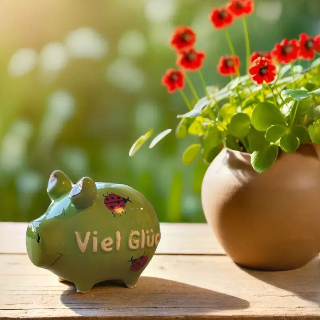 KCG Sparschwein "Viel Glück" aus Keramik, Grün/Rot (B/H/T) 12,5x9x9cm Kleinschwein Sparschwein