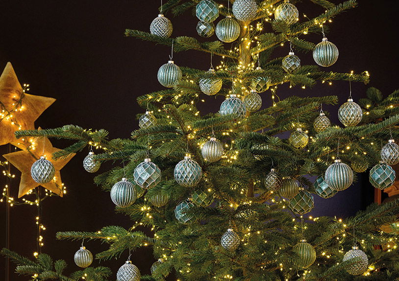 Boule de Noël paillettes en verre, 4 fois, turquoise/argent Ø6cm