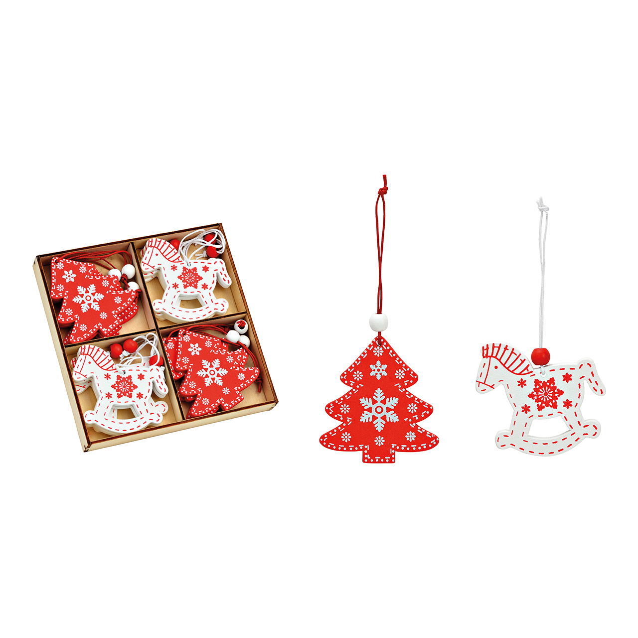 Cavallo a dondolo per albero di Natale in legno, set di 12, rosso/bianco, (L/A) 6x6cm