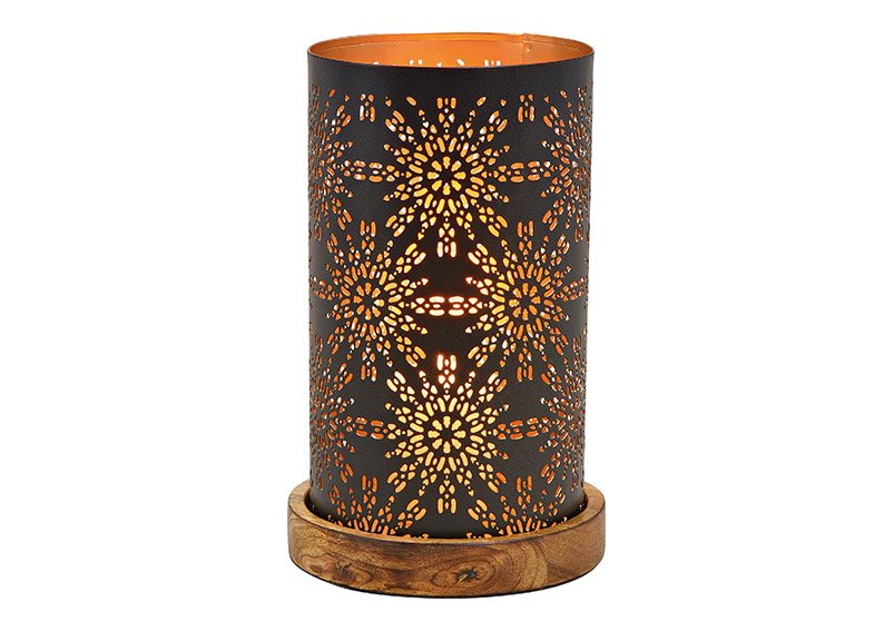 Lanterna su base di legno decorazione fiori metallo nero (L/H/D) 13x22x13cm