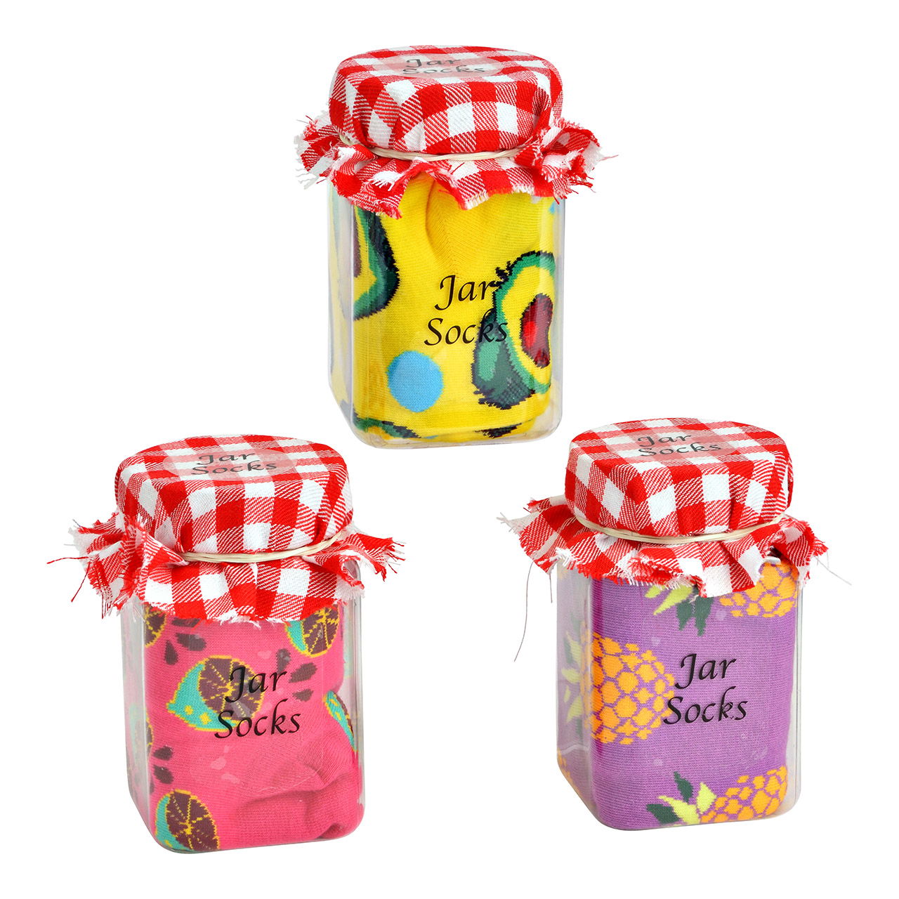 Fruitsokken in een blikje 1 paar gemaakt van katoen, driedubbel, roze/paars/geel (B/H/D) 6x11x6cm Bekleidung, Strumpfwaren, Socke, Schuhe, Schuh
