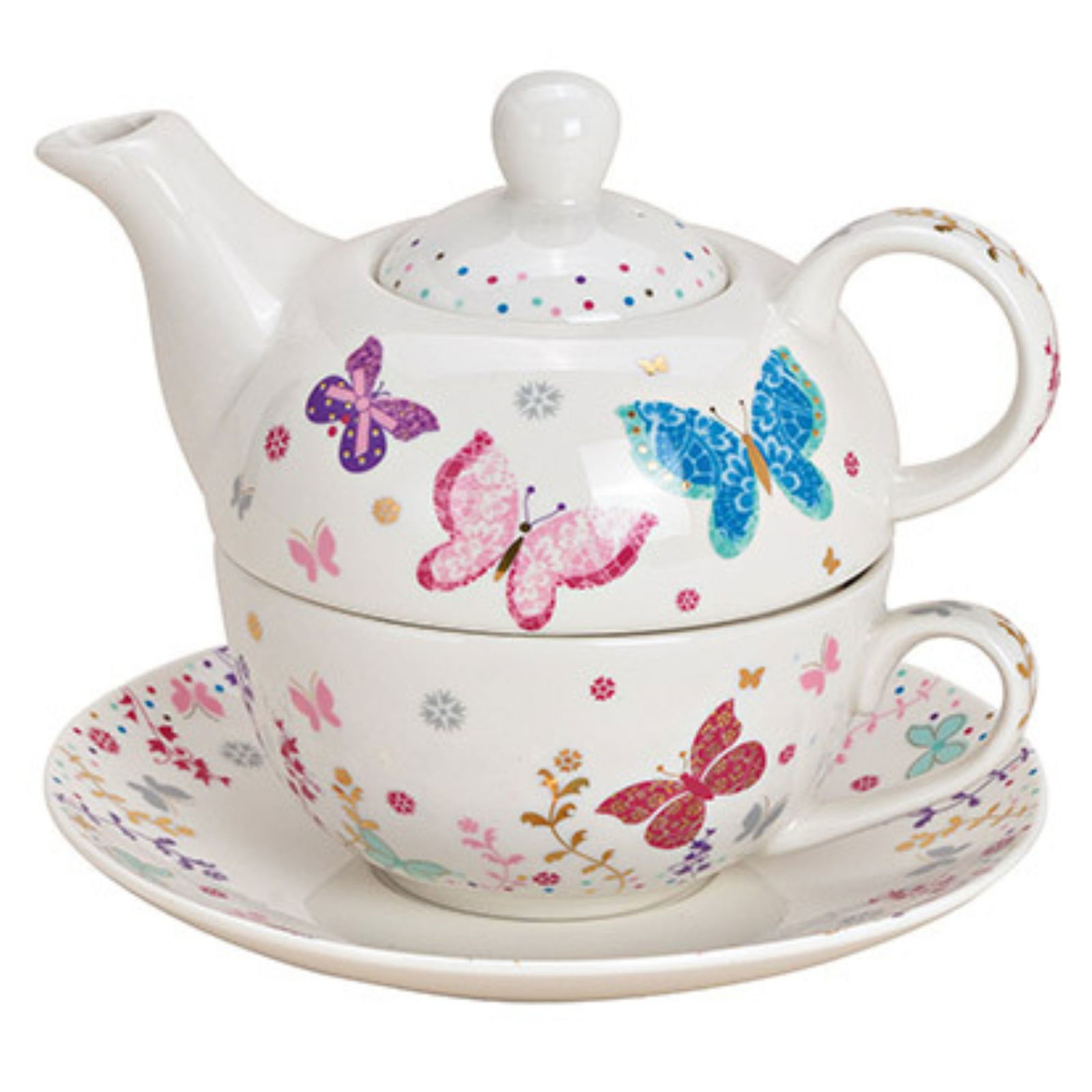 Teekannen-Set Schmetterling aus Porzellan Weiß 3er Set, (B/H/T) 17x15x17cm 400/300ml Töpferei, Kochgeschirr, Topf, Teekanne, Porzellan
