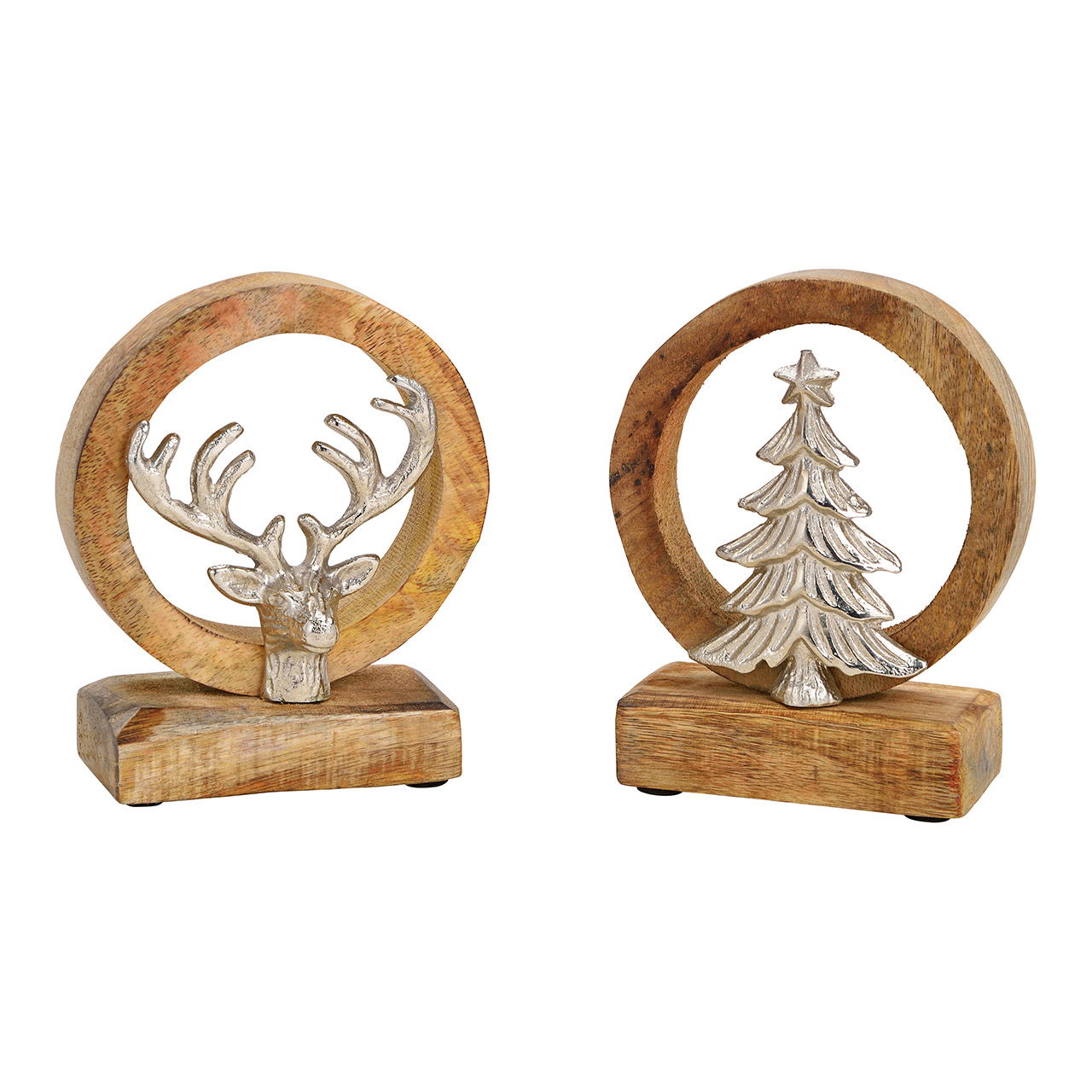 Présentoir Cercle, avec tête de cerf en métal, sapin en bois de manguier Brun 2x, (L/H/P) 12x14x5cm