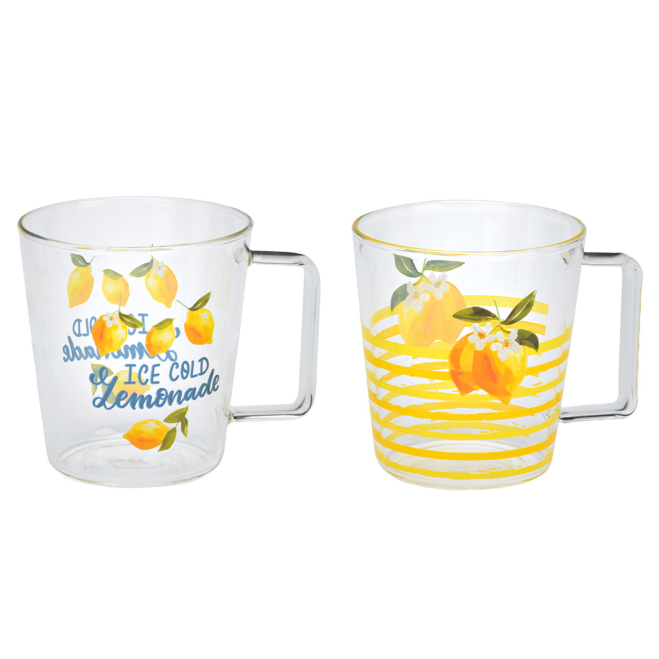 Tazza con decorazione a limoni, in vetro giallo, assortimento da 2 pezzi (L/A/P) 12x9,8x9 cm, 430 ml Gläser, Mug, Glasbecher, Zitrusdesign, Lemonade