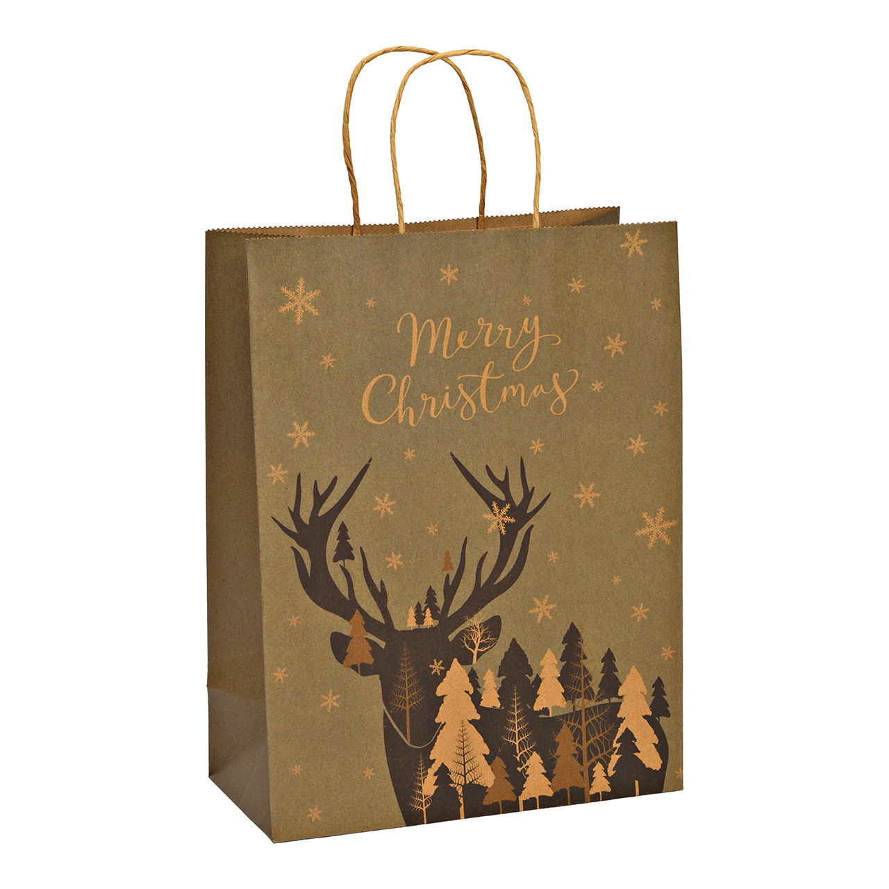 Sac cadeau, cerf, Merry Christmas, FSC en papier/carton brun (L/H/P) 25x33x12cm