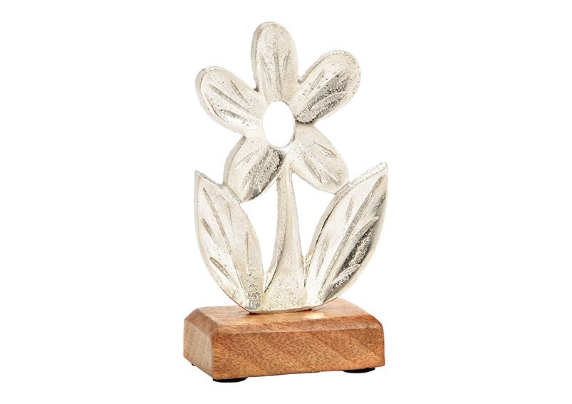 Aufsteller Blume auf Mangoholz Sockel aus Metall Silber (B/H/T) 9x15x5cm