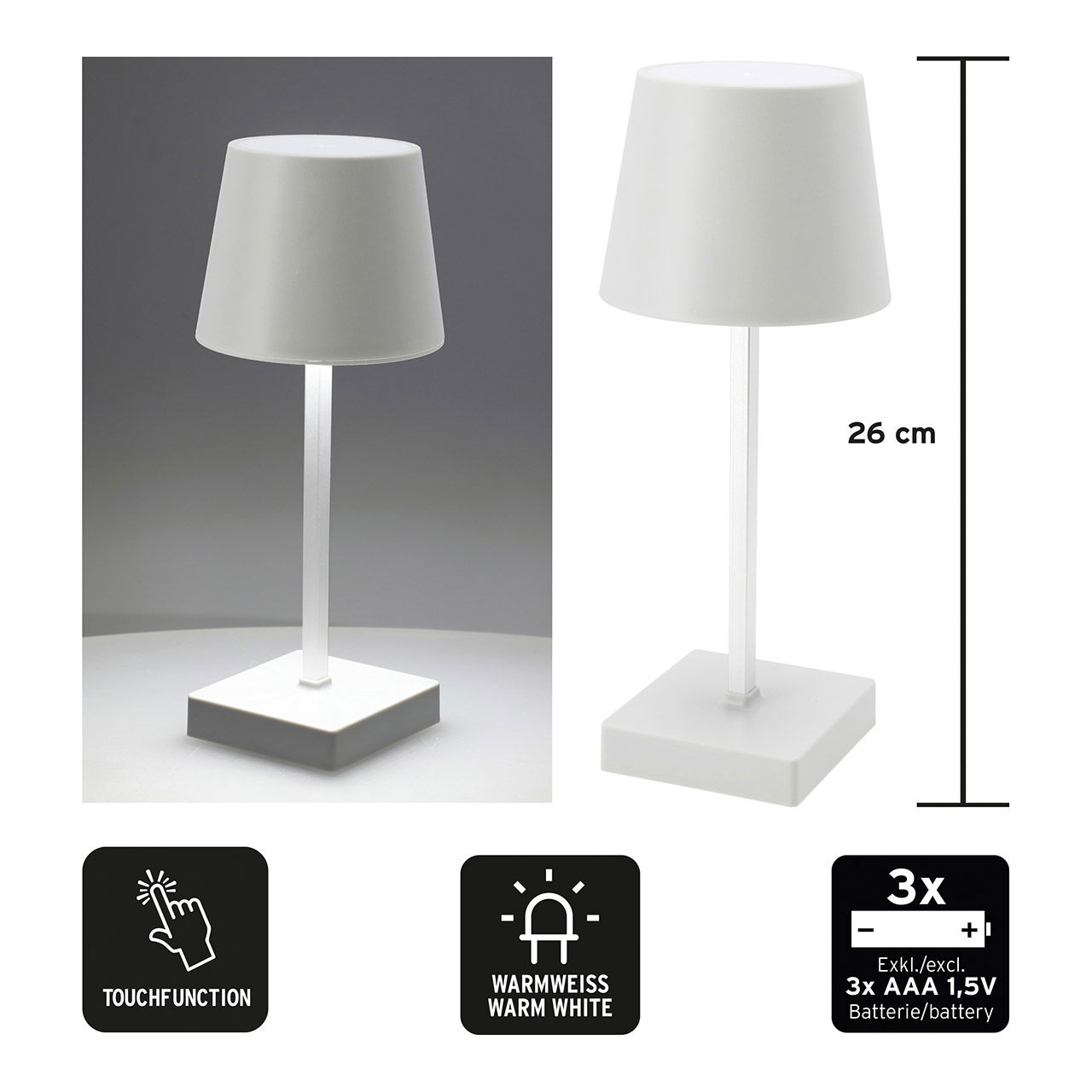 Lampe de table LED 3 niveaux de luminosité par fonction tactile en plastique blanc (L/H/P) 10x26x10cm