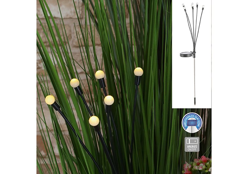 LED solar garden plug, Firefly, 6 warm white LEDs, 1,6cmD, stainless steel, plastic white (H) 67cm on, off switch, incl 1x1,2v AAA, 150mAh Ni-MH rechargeable battery
