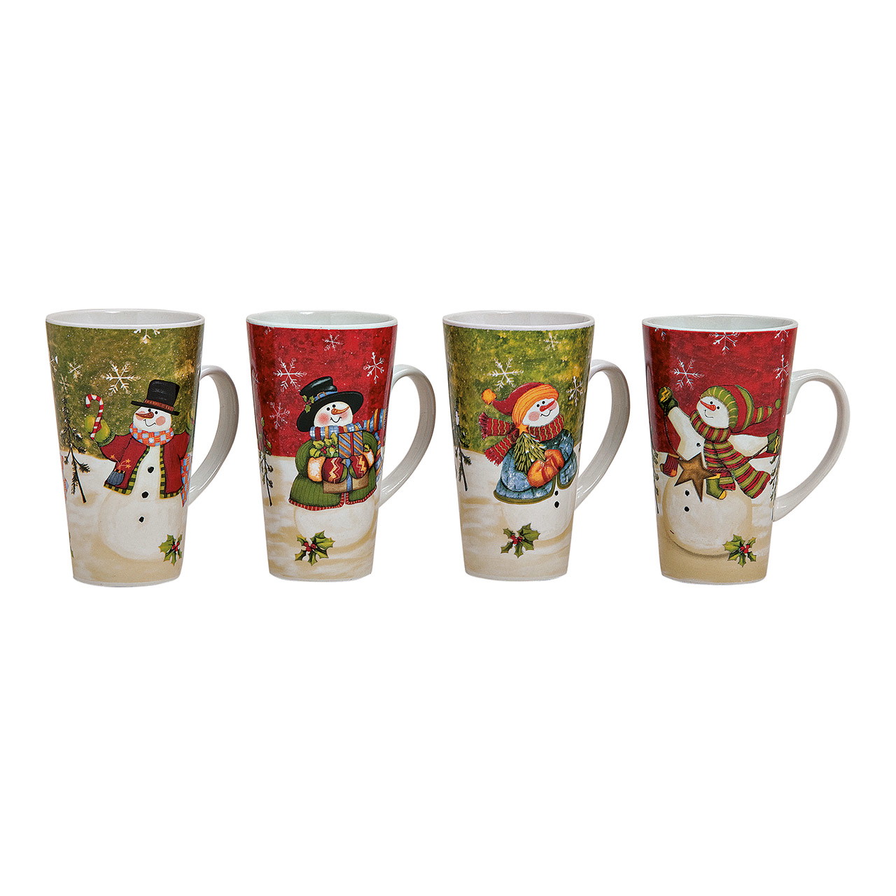 weihnachtsbecher, porzellanbecher, wintermotife, schneemann, 4er-set