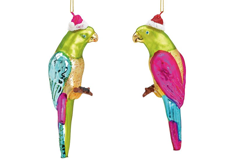 Kersthanger papegaai van glas gekleurd 2-voudig, (w/h/d) 5x18x5cm