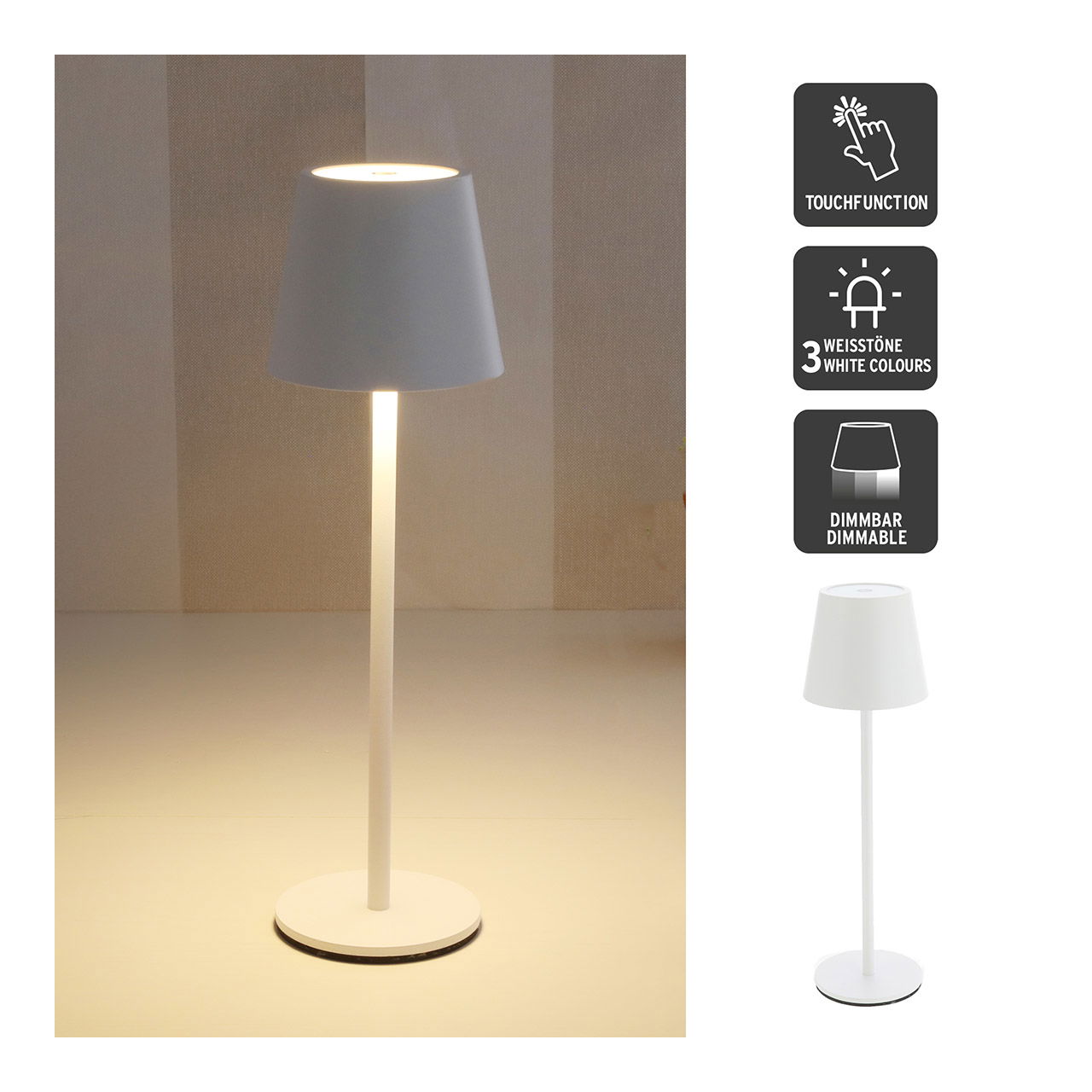 Lampe de table LED en métal blanc (L/H/P) 11x38x11cm USB, fer, 56LED, gradable en continu, 3 teintes, blanc froid, blanc chaud, blanc pur, 1m de câble de chargement USB vers USB C, max. 65 lumens, temps de chargement 1-2 heures, durée d'éclairage jusqu'à 