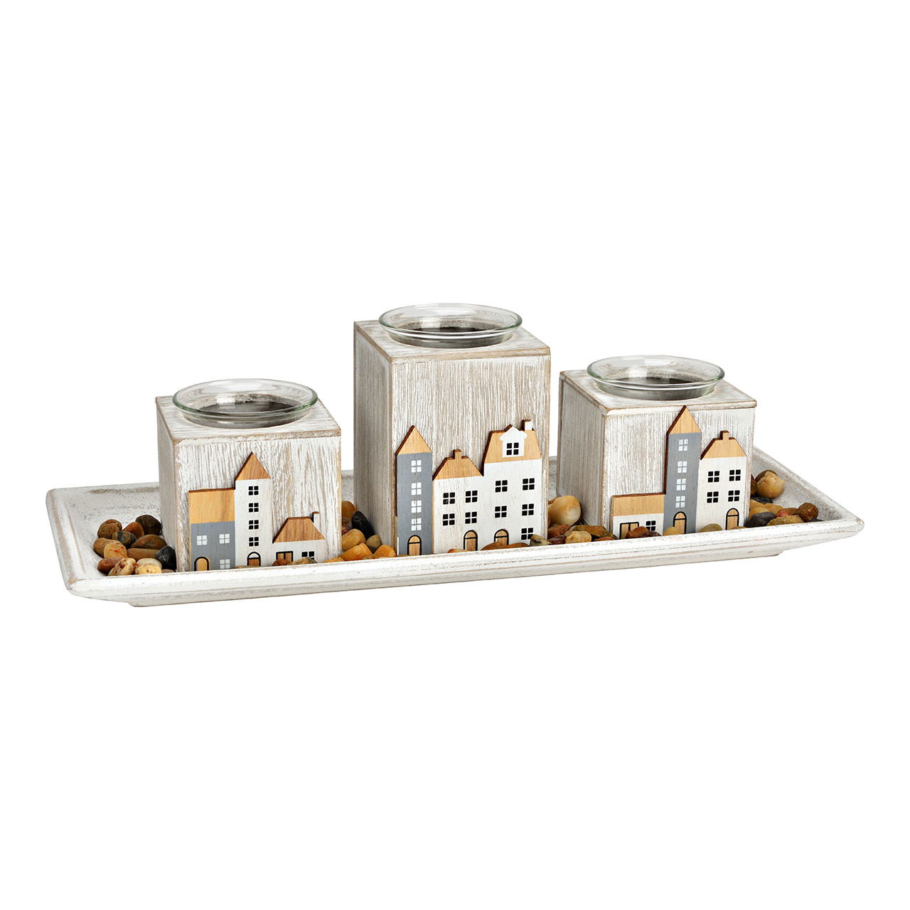 Porte-bougies à réchaud 3 maisons de ville décorées, avec 120g de pierres décoratives en bois/verre, blanc/gris (L/H/P) 34x11x13cm Porte-bougies à réchaud 3 maisons de ville décorées, avec 120g de pierres décoratives en bois/verre, blanc/gris (L/H/P) 34x11x13cm