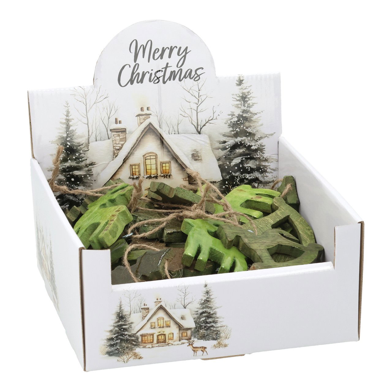 Percha ciervo/abeto/caballo balancín de madera de mango verde 3 surtidos (A/A/P) 5x7x0,5cm 48pcs.en expositor Handschuh, Baum, Kiste, Topfpflanze, Weihnachtsdekorationen