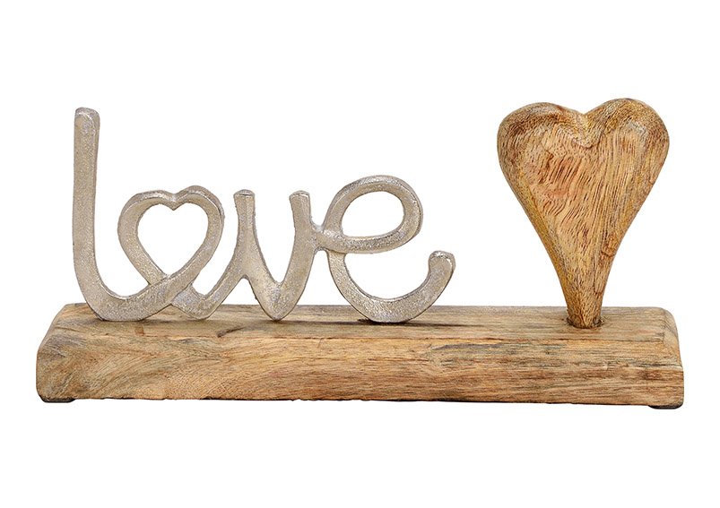 Display lettering LOVE in metallo con cuore in legno di mango e base argento, marrone (w/h/d) 25x12x5cm