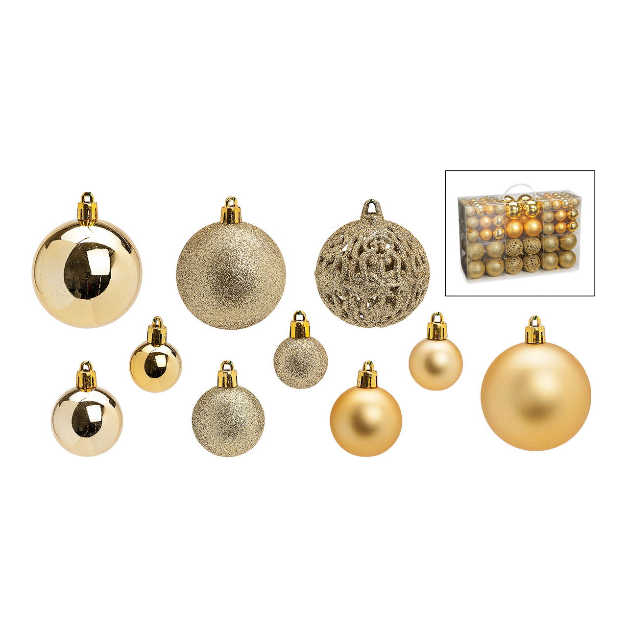 Weihnachtskugeln aus Kunststoff, 100er-Set, Gold Ø3/4/6cm (B/H/T) 23x35x12cm