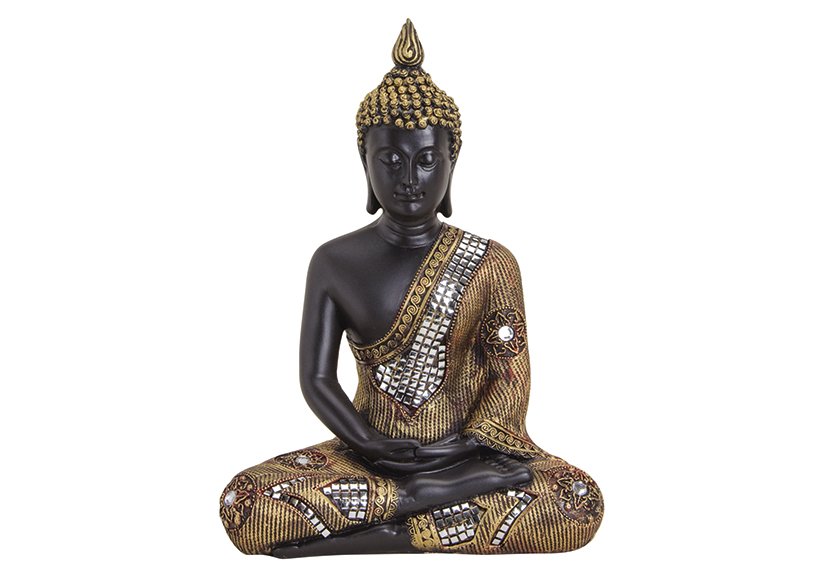 Buda en negro/oro hecho de poliéster, W21 x D12 x H27 cm