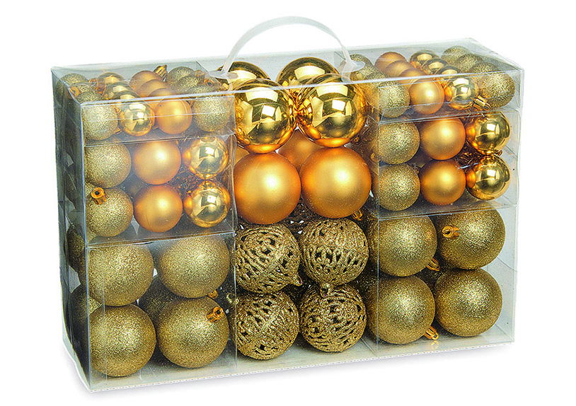 Weihnachtskugeln aus Kunststoff, 100er-Set, Gold Ø3/4/6cm (B/H/T) 23x35x12cm