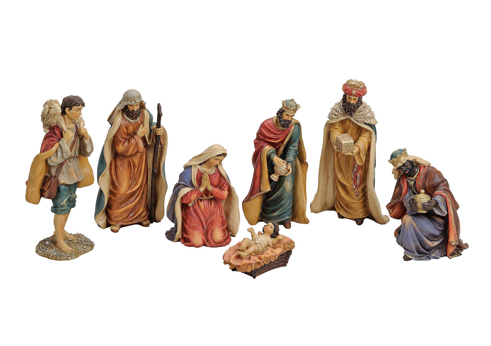 Set de personnages de crèche en poly, 7 pièces, 8-28 cm