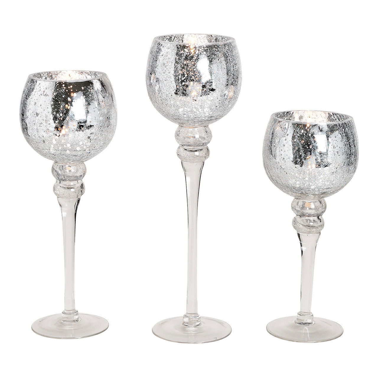 Windlight Set Chalice Cracking Silver 30, 35, 40cm x Ø13cm made of glass set of 3, Windlight Set Chalice Cracking Silver 30, 35, 40cm x Ø13cm made of glass set of 3,