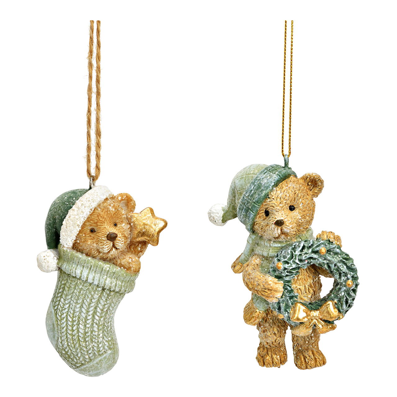 Decoración navideña colgante de oso de poliéster, 2 pliegues, marrón/verde (A/A/A) 4x7x4cm