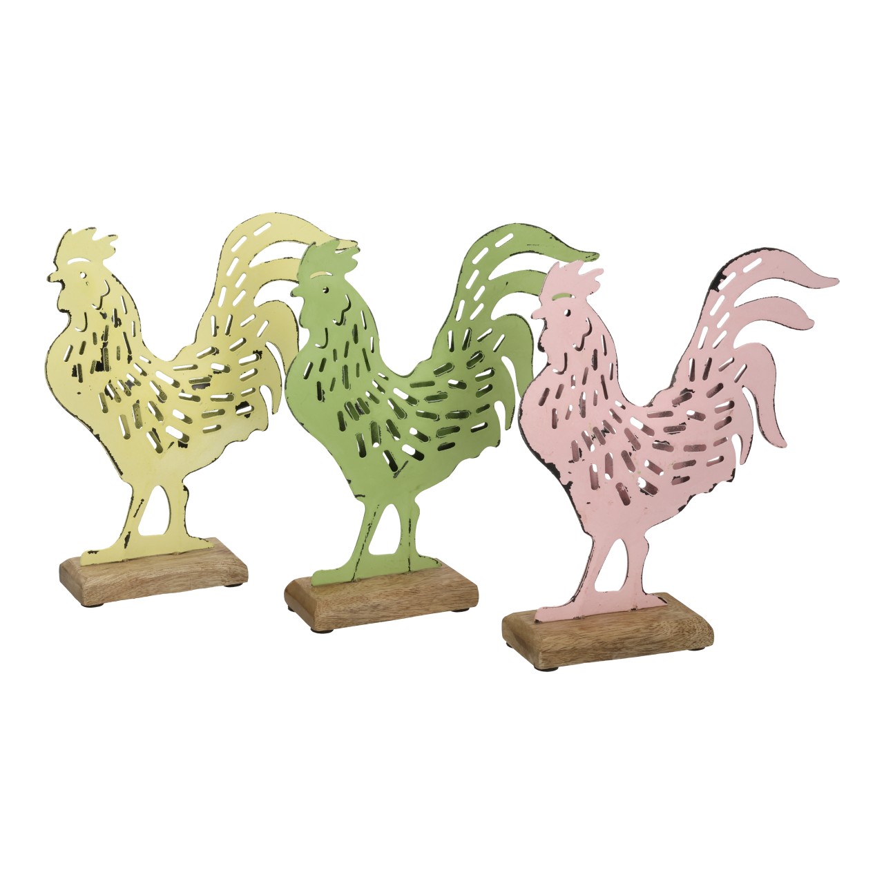 Hahn, Metallfigur, Pastellfarben, Holz Sockel, Tierfigur