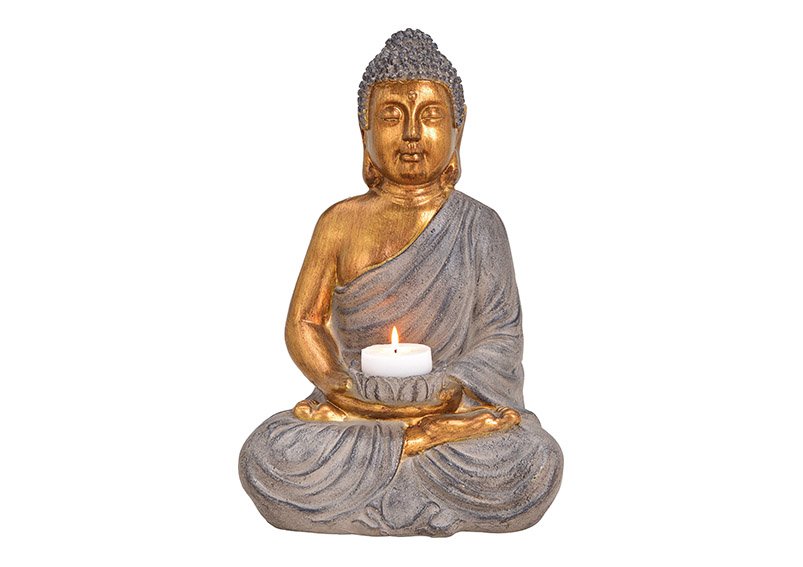 Boeddha kandelaar gemaakt van poly Bruin, goud (w/h/d) 28x41x22cm