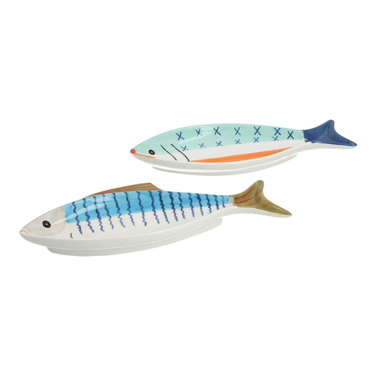 Deko Teller Fischform aus Keramik Bunt 2-fach sortiert (B/H/T) 24x2x10cm Fisch, Sockenspielzeug, Spaßspielzeug, Plüschtier?, Kunterbunte Muster