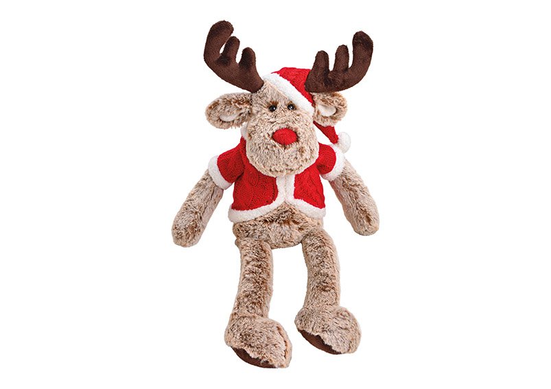 Moose plush, brown, red jacket, red hat, 24x32x14cm, 55cm with legs