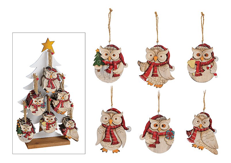 Christmas hanger winter owl on tree display, made of wood, 6 asst. 10x12x1cm