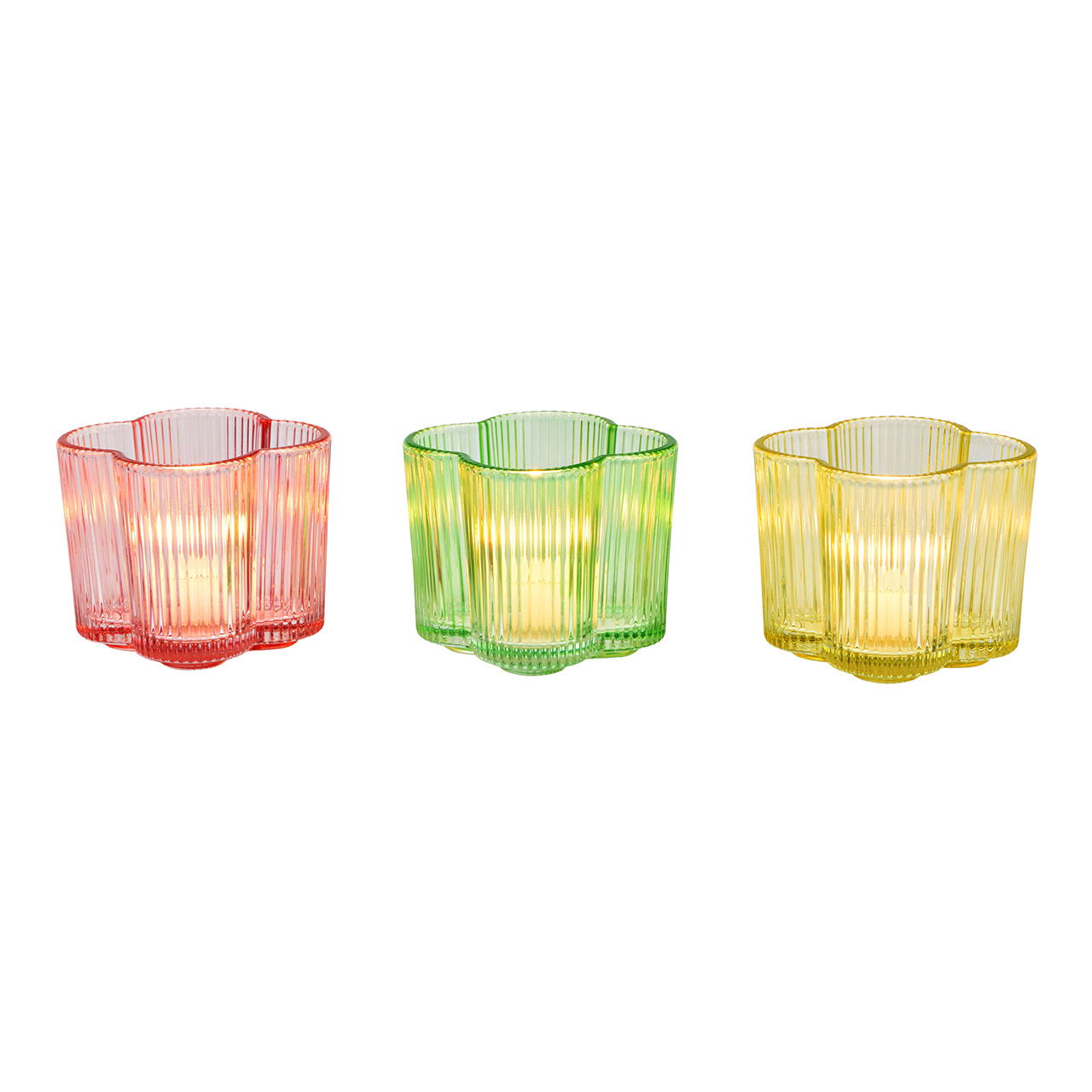 Glass tealight holder flower, triple, pink/green/yellow Ø8cm