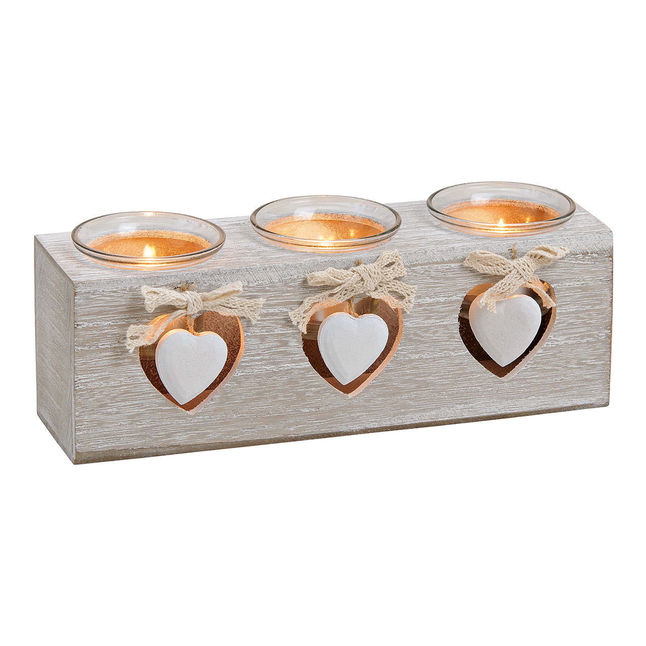 Teelichthalter 3er Herz Dekor aus Holz, Glas Weiß (B/H/T) 24x8x7cm Teelichthalter 3er Herz Dekor aus Holz, Glas Weiß (B/H/T) 24x8x7cm