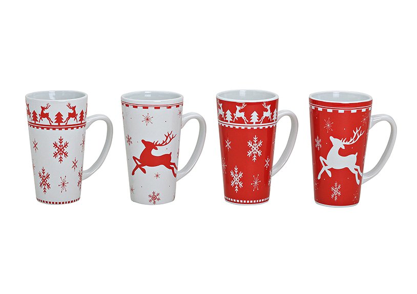 Mug decorazione alce in rosso-bianco di ceramica, 4 assortiti, 12x15x8cm