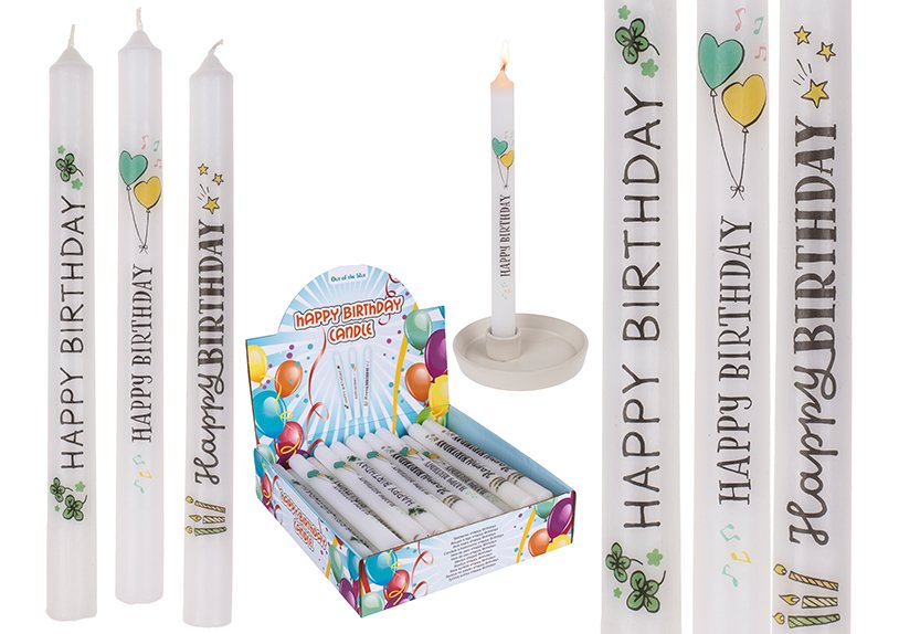 Stick candle, Happy Birthday, made of wax white 3-fold, (W/H/D) 2x25x2cm