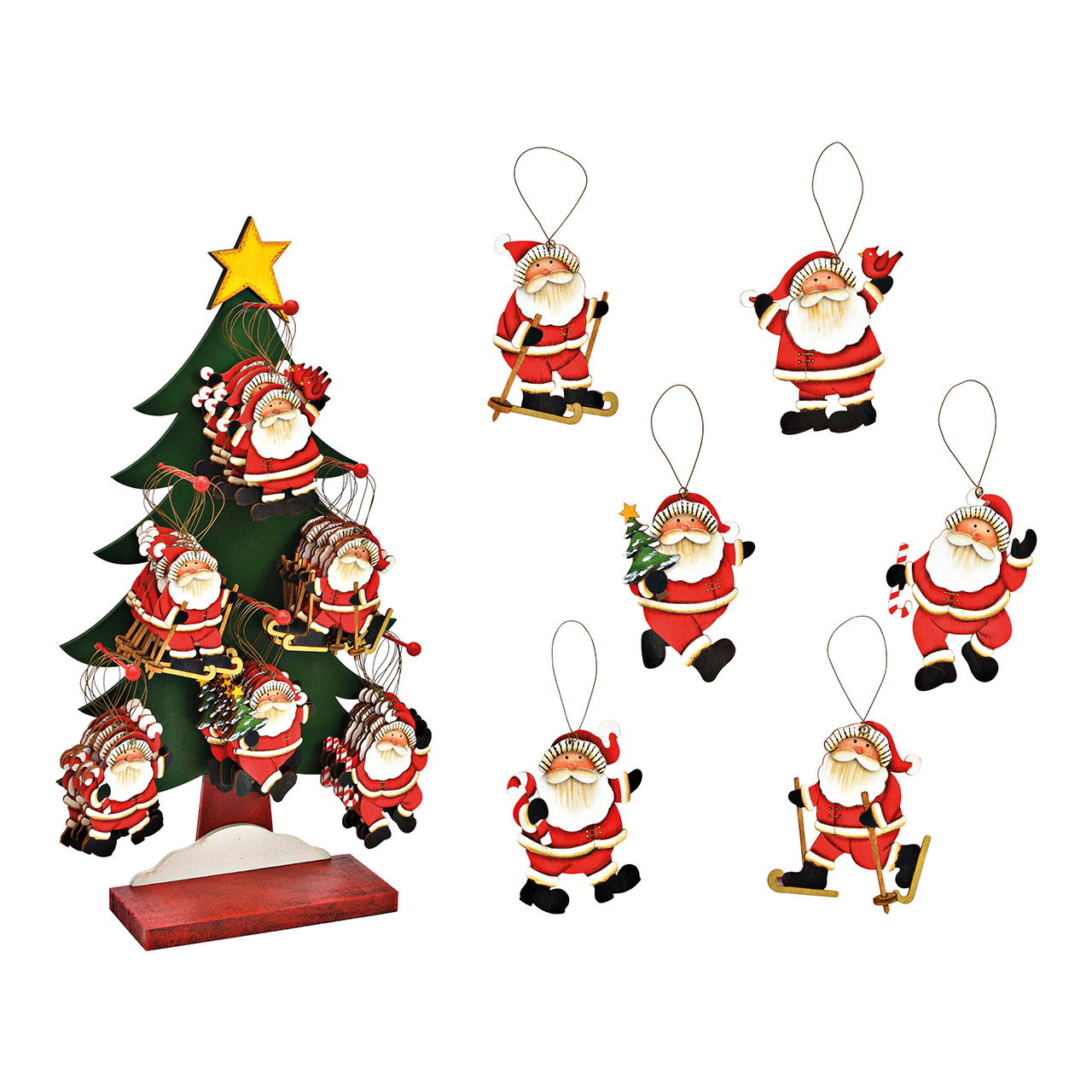 Appendino natalizio in legno Babbo Natale (L/H) 8x11cm su supporto per albero, 6 pieghe, rosso/bianco (L/H/D) 30x53x12cm