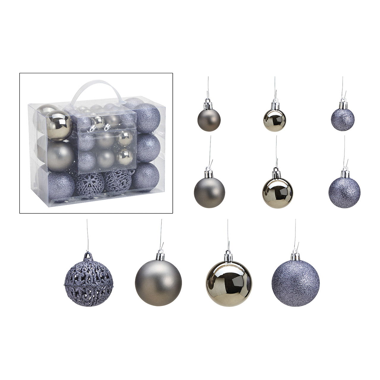 Set de boules de Noël en plastique Gris Set de 50, (L/H/P) 23x18x12cm Ø3/4/6cm