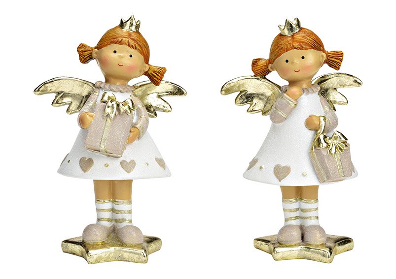 Engel mit Geschenkpäckchen aus Poly gold, weiß 2-fach, (B/H/T) 10x15x6cm