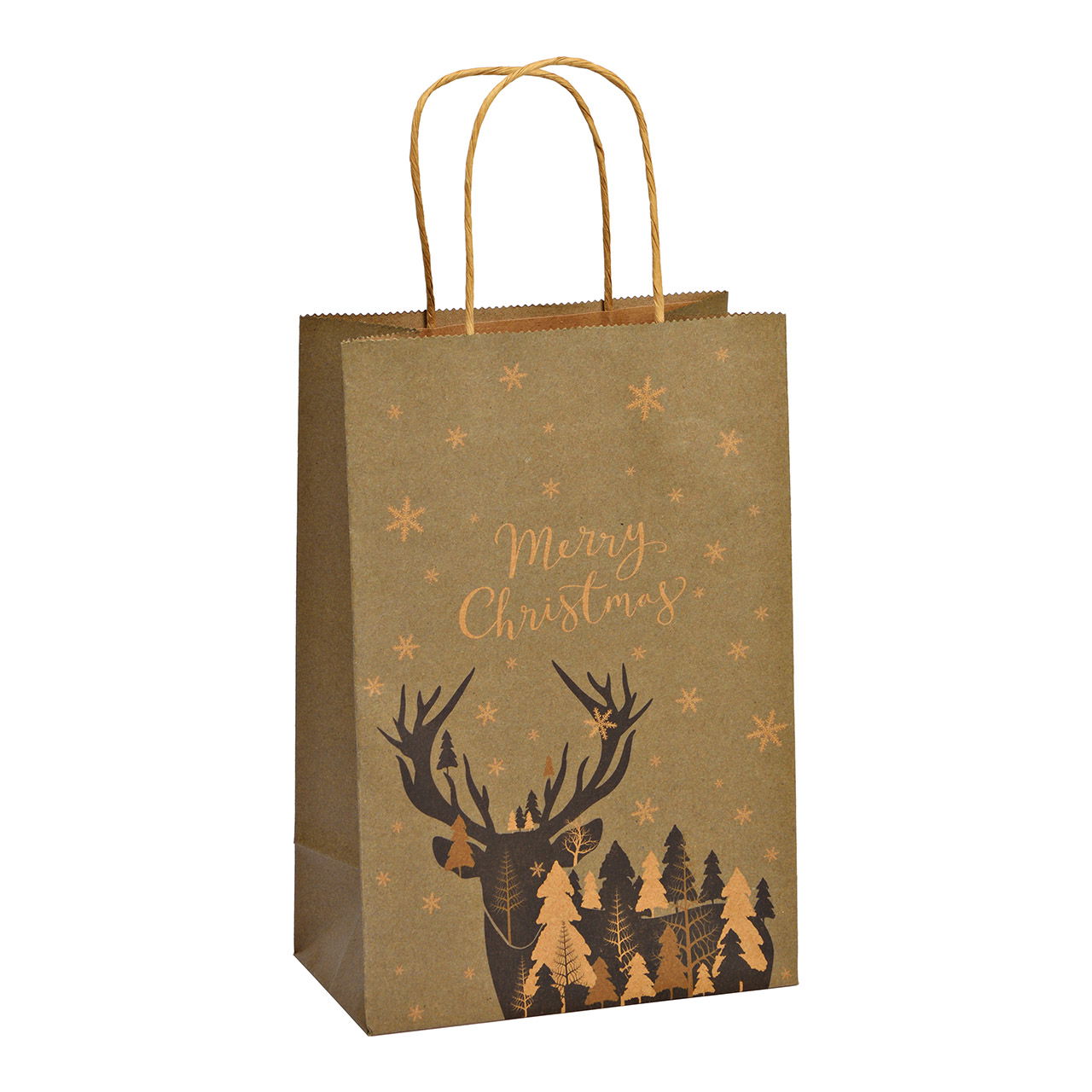 Sac cadeau, cerf, Merry Christmas, FSC en papier/carton brun (L/H/P) 18x27x10cm