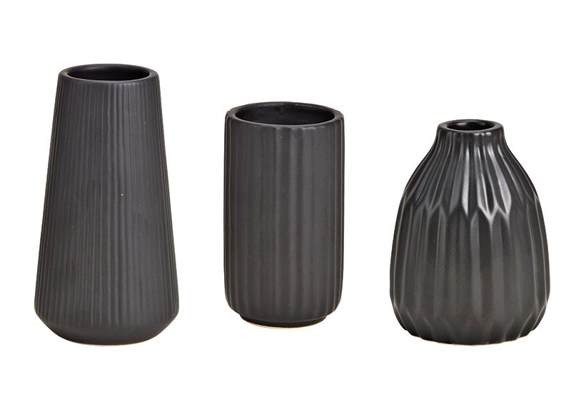 Jarrón de cerámica negro de 3 pliegues, (A/H/D) 6x10x6cm 7x14x7cm 8x11x8cm